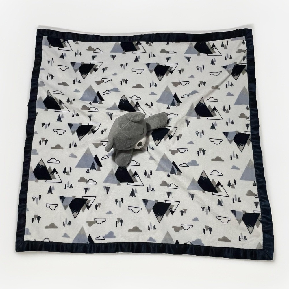 Just Born Sleeping Bear Lovey Blanket Mountains Clouds Gray White Blue Satin 25"